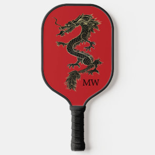 Raquette De Pickleball Élégant Monogramme de dragon d'or chinois rouge