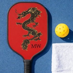 Raquette De Pickleball Élégant Monogramme de dragon d'or chinois rouge