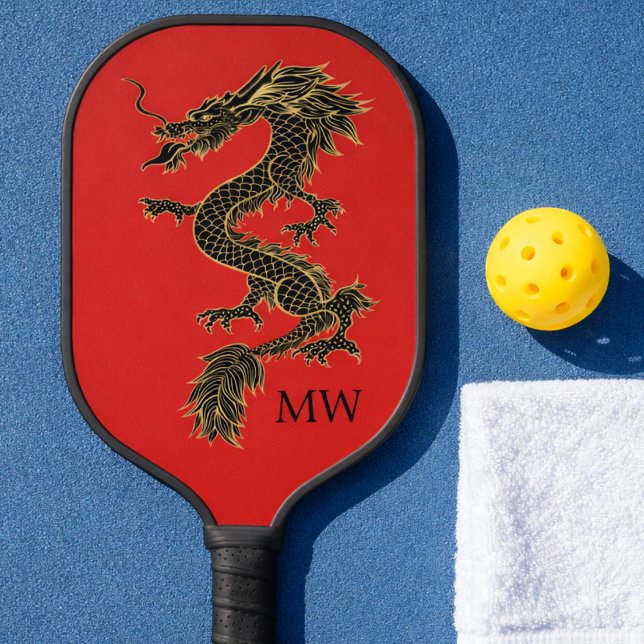Raquette De Pickleball Élégant Monogramme de dragon d'or chinois rouge (Unique Pickleball Player Paddle. Dragon style. Perfect for dinking and staying out of the kitchen. )