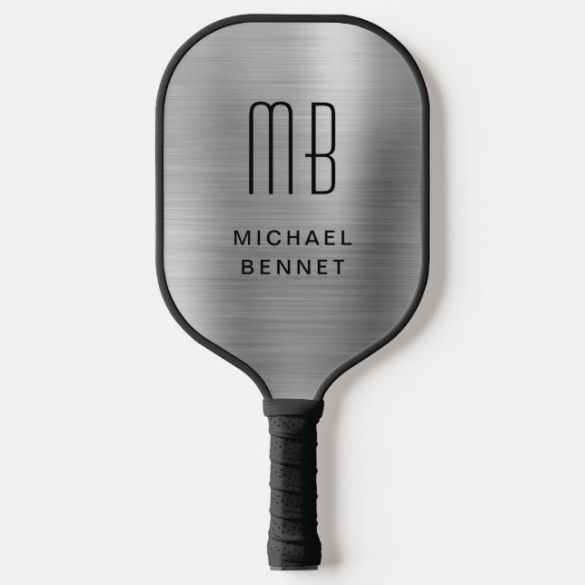 Raquette De Pickleball Élégant Monogramme Faux Argent Brossé Metallic (Recto)