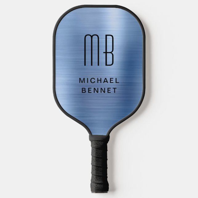 Raquette De Pickleball Élégant Monogramme Faux Bleu Brossé Métallique (Recto)
