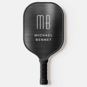 Raquette De Pickleball Élégant Monogramme Faux Noir Brossé Métallique
