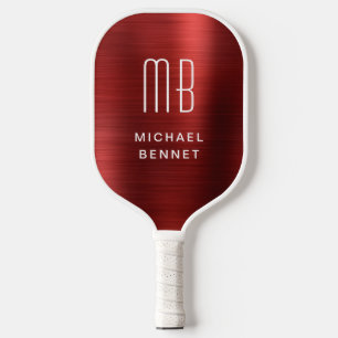 Raquette De Pickleball Élégant Monogramme Faux Rouge Brossé Métallique