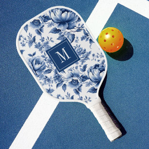 Raquette De Pickleball Élégant Monogramme Floral Bleu Vintage