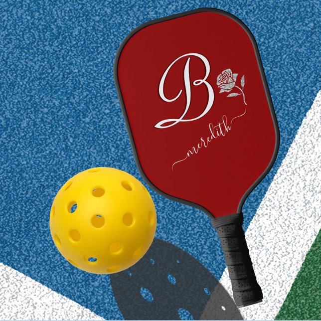 Raquette De Pickleball Élégant Monogramme Floral Parties scintillant roug (Créateur téléchargé)