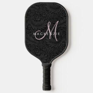 Raquette De Pickleball Élégant Monogramme Moderne Noir Floral Rose Script