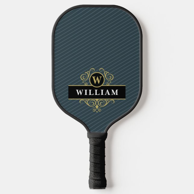 Raquette De Pickleball Élégant Monogramme Or Noir Pinstripe (Recto)
