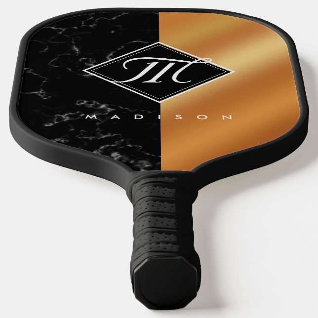 Raquette De Pickleball Élégant noir marbre et cuivre Script Monogramme (Poser)