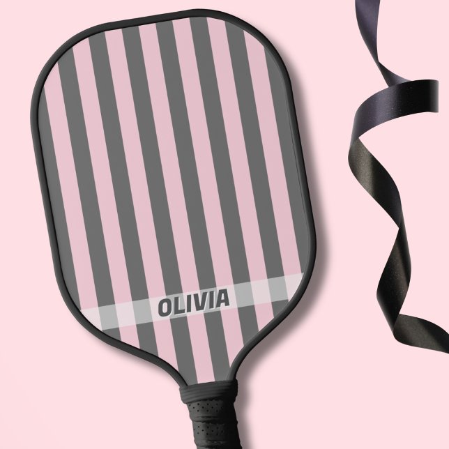 Raquette De Pickleball Elegant Pink and Gray stripes Minimalist Custom (Créateur téléchargé)