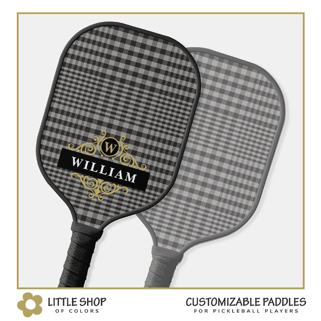 Raquette De Pickleball Élégant Plaid Glen Noir Gris Monogramme Or (Créateur téléchargé)