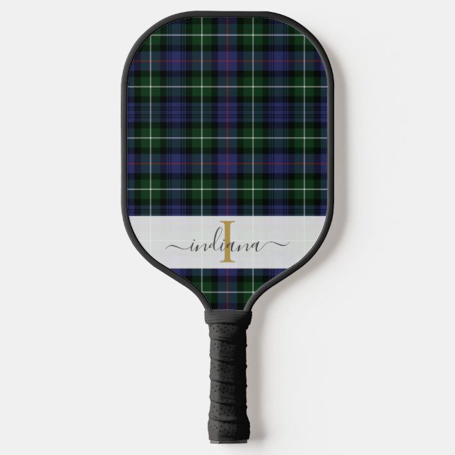 Raquette De Pickleball Élégant Plaid Monogramme Script Tartan (Recto)
