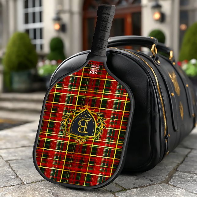 Raquette De Pickleball Elegant Red Gold Tartan Monogrammed Corporate  (Elegant Classic Red Plaid Monogrammed Tartan Pickleball Paddle )