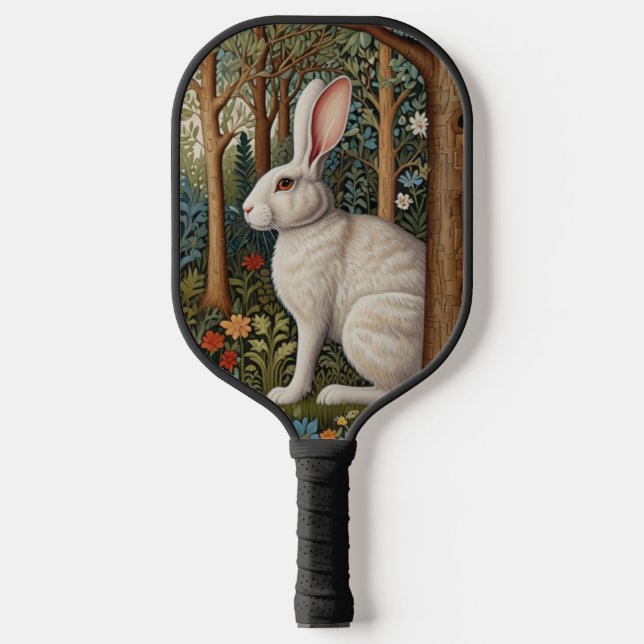 Raquette De Pickleball Elégant retro boho blanc lapin boisé fleurs (Recto)