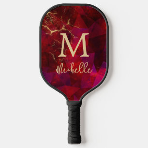 Raquette De Pickleball Élégant Ruby Red Gold Monogramme Nom initial