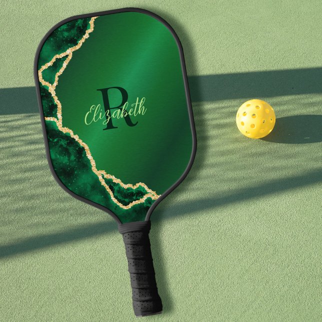 Raquette De Pickleball Élégant vert émeraude et noir Agate Monogramme (Créateur téléchargé)