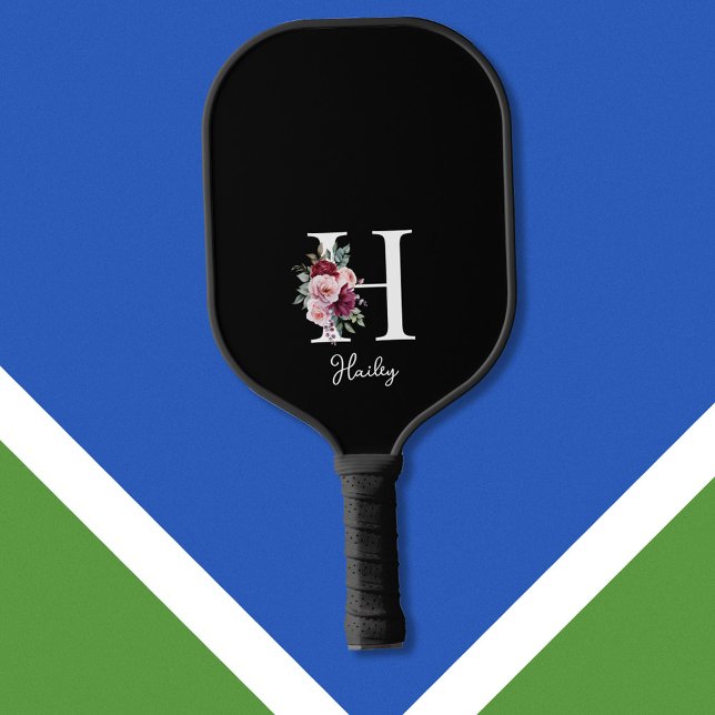 Raquette De Pickleball Elégante aquarelle Florale Nom initial Monogramme (Créateur téléchargé)