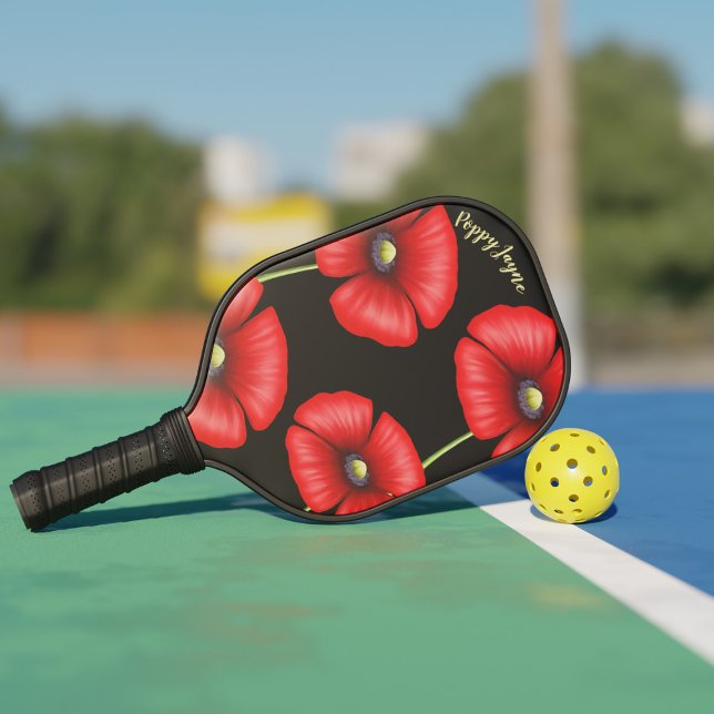 Raquette De Pickleball Élégante Fleurs de pavot rouge Nom Floral Noir (Poppy Pickleball Paddle just for you! Add your name!)