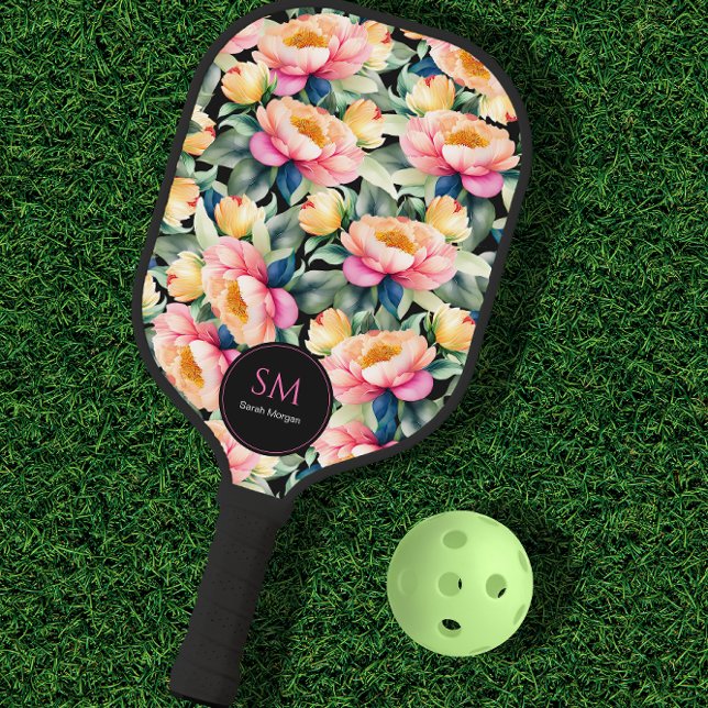 Raquette De Pickleball Elégante pivoine aquarelle sur monogramme noir (Créateur téléchargé)