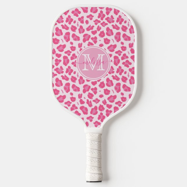 Raquette De Pickleball Empreinte de léopard rose mignon | Monogramme (Recto)