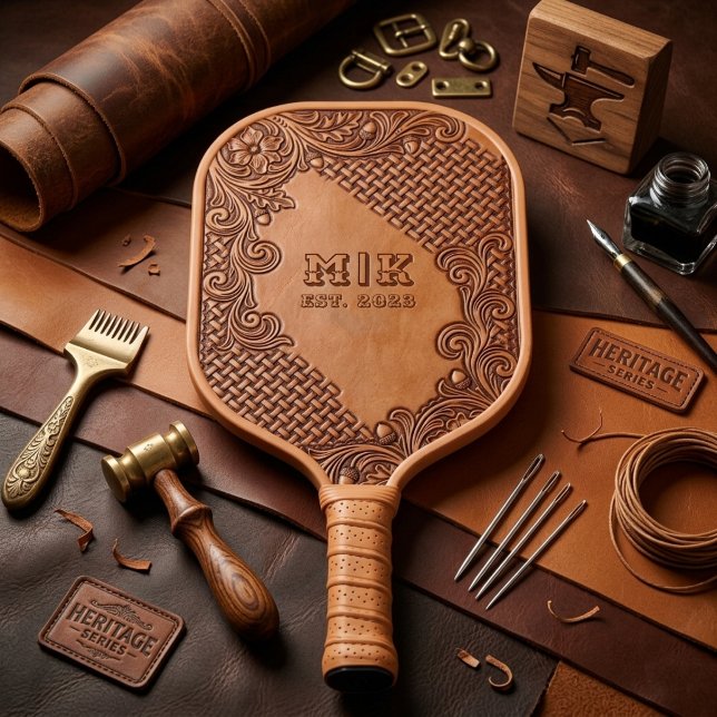 Raquette de Pickleball en Cuir Vintage avec Initia (Créateur téléchargé)