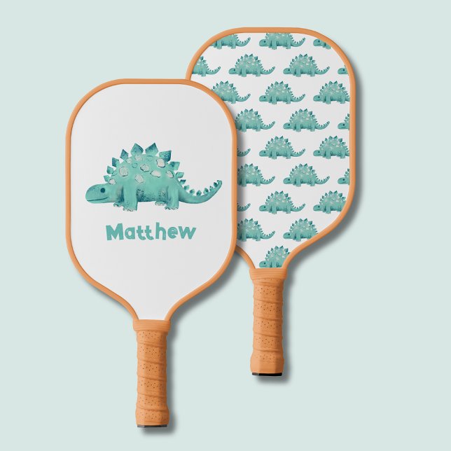 Raquette De Pickleball Enfants Dinosaures (Cute dinosaur stegosaurus pickleball paddle.  Pattern to one side.  Personalize with your own name.)