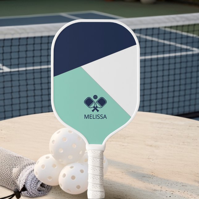 Raquette De Pickleball Été côtier Navy Mint Géométrique Nom  (Créateur téléchargé)