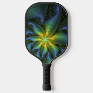 Raquette De Pickleball Etoile Abstraite, Bleu brillant Vert Or Fractal Ar