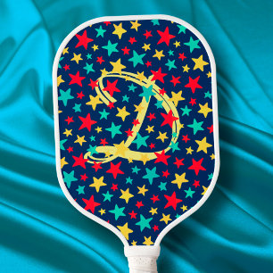 Raquette De Pickleball Etoile colorée Moderne Elégant Monogramme bleu mar