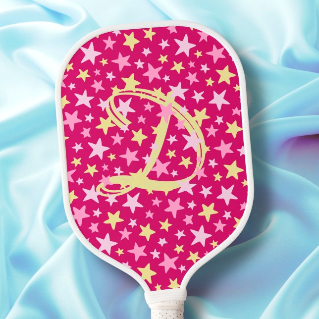 Raquette De Pickleball Étoiles roses Girly Monogramme initial moderne élé (Créateur téléchargé)