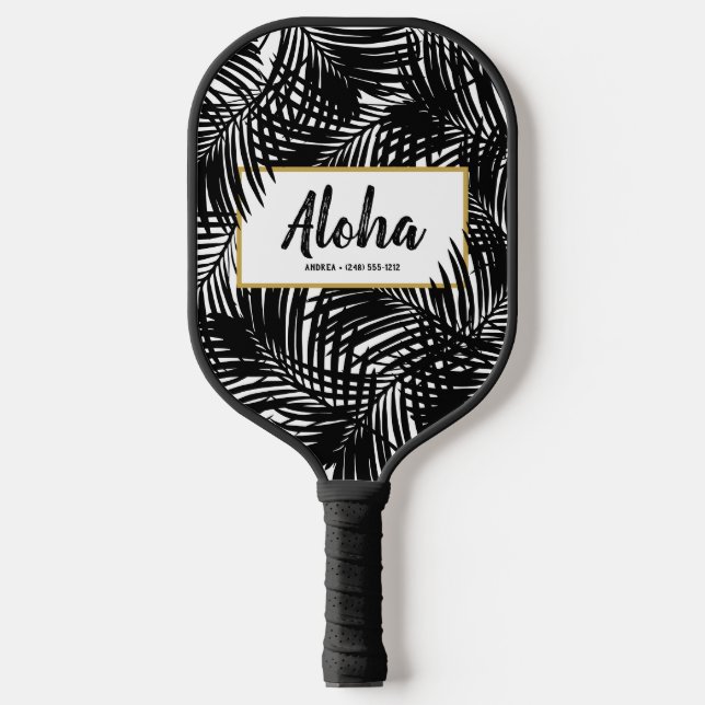 Raquette De Pickleball Feuille de palme tropicale Aloha noir blanc person (Recto)