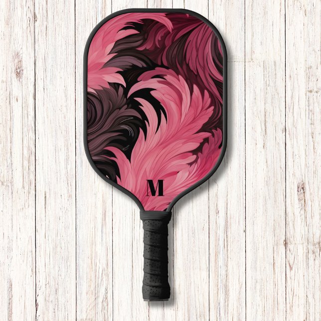 Raquette De Pickleball Feuilles chic rose et noire Monogramme moderne (Créateur téléchargé)