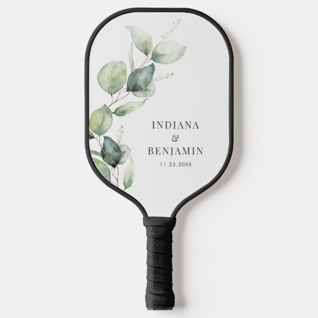 Raquette De Pickleball Feuilles de Eucalyptus Floral Script Mariage Perso (Recto)
