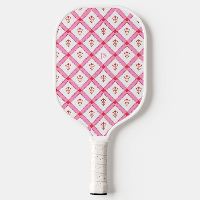Raquette De Pickleball Fille Motif rose et rouge avec initiales (Verso)