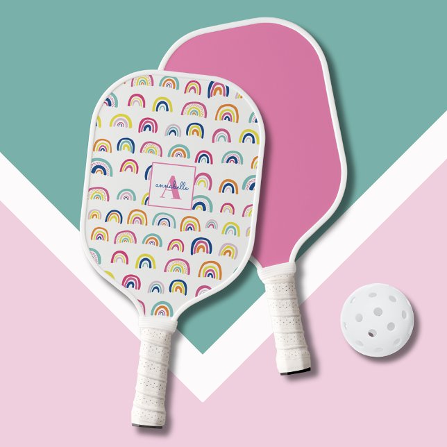 Raquette De Pickleball Filles arc-en-ciel personnalisées (Rainbow girly personalized monogram Pickleball Paddle)