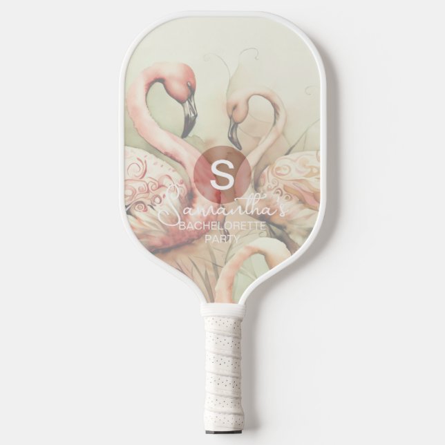Raquette De Pickleball Flamant Chic Élégant Monogramme Personnalisé (Recto)