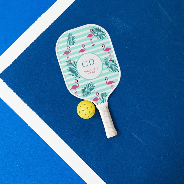 Raquette De Pickleball Flamant rose bandes vert menthe feuilles de palmie (Créateur téléchargé)