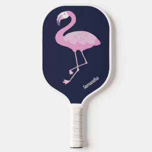 Raquette De Pickleball Flamant rose rose mignon sur bleu foncé avec nom
