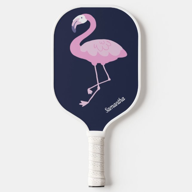 Raquette De Pickleball Flamant rose rose mignon sur bleu foncé avec nom (Recto)