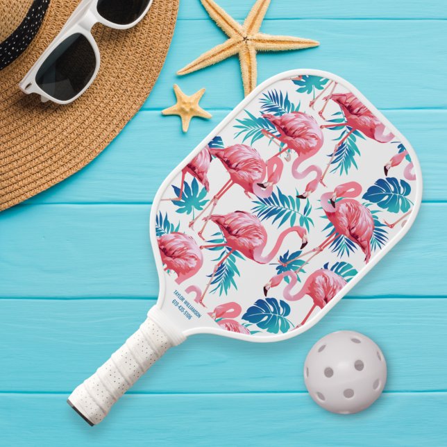 Raquette De Pickleball Flamant rose tropical Palm Imprimer Nom personnali (Créateur téléchargé)