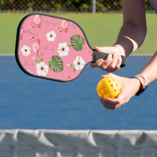 RAQUETTE DE PICKLEBALL FLAMANTS ROSES HIBISCUS BLANC TROPICAL