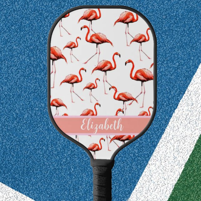 Raquette De Pickleball Flamants roses préppy nom personnalisé moderne (Créateur téléchargé)