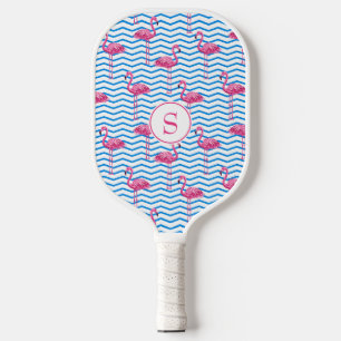 Raquette De Pickleball Flamants roses rose amusant Bleu et blanc Motif Ch