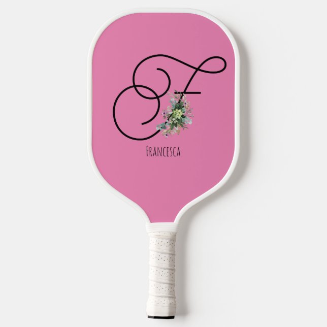 Raquette De Pickleball Fleur aquarelle à monogramme noir rose (Verso)