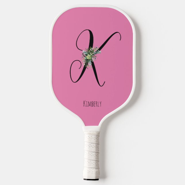 Raquette De Pickleball Fleur aquarelle monogramme rose (Verso)