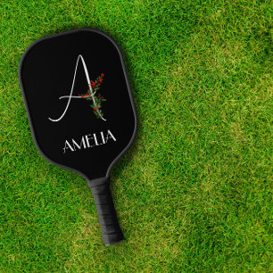 Raquette De Pickleball Fleur aquarelle simple lettre A noire