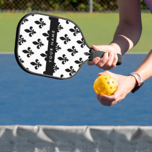 Raquette De Pickleball Fleur de Lis, Noir sur Blanc, Noir, Votre Nom