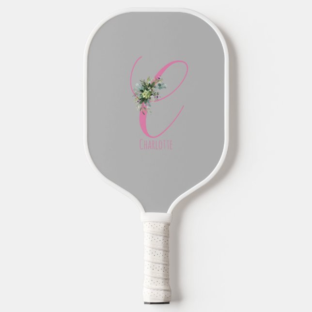 Raquette De Pickleball Fleur de monogramme gris rose lettre C (Recto)