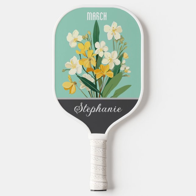 Raquette De Pickleball Fleur de naissance de mars Nom personnalisé (Recto)
