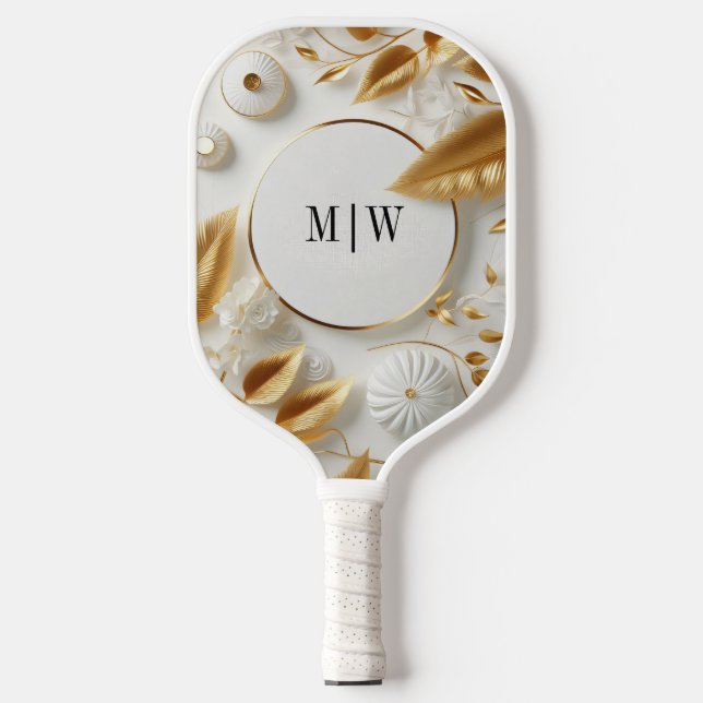 Raquette De Pickleball Fleur Dorée Blanche | Monogramme Noir Écriture Mod (Recto)