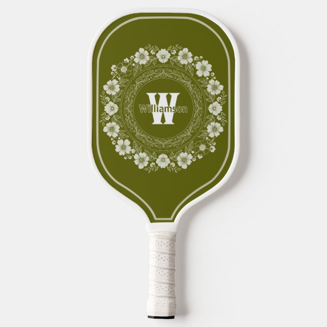 Raquette De Pickleball Fleur et filigree Lumière Olive Monogramme (Verso)